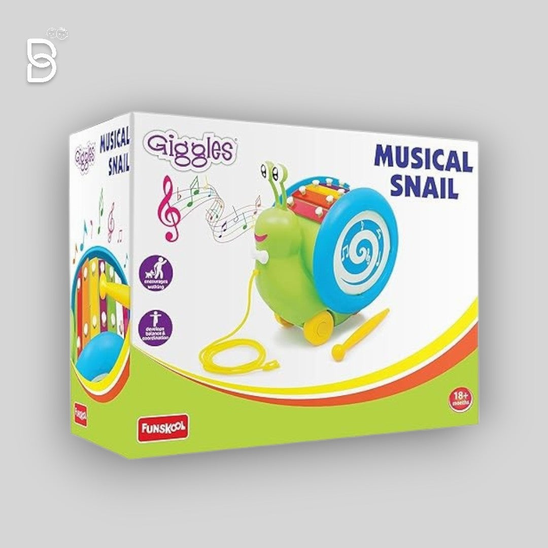 FUNSKOOL 3 IN 1 PULL ALONG MUSICAL SNAIL, XYLOPHONE, DRUM& WALKING, PULL ALONG PRESCHOOL TOYS