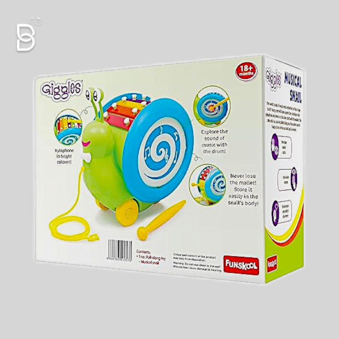 FUNSKOOL 3 IN 1 PULL ALONG MUSICAL SNAIL, XYLOPHONE, DRUM& WALKING, PULL ALONG PRESCHOOL TOYS