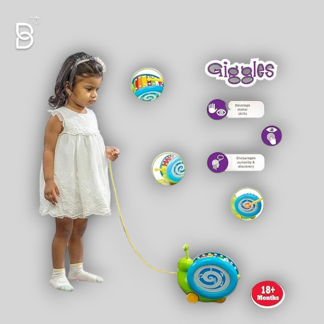 FUNSKOOL 3 IN 1 PULL ALONG MUSICAL SNAIL, XYLOPHONE, DRUM& WALKING, PULL ALONG PRESCHOOL TOYS