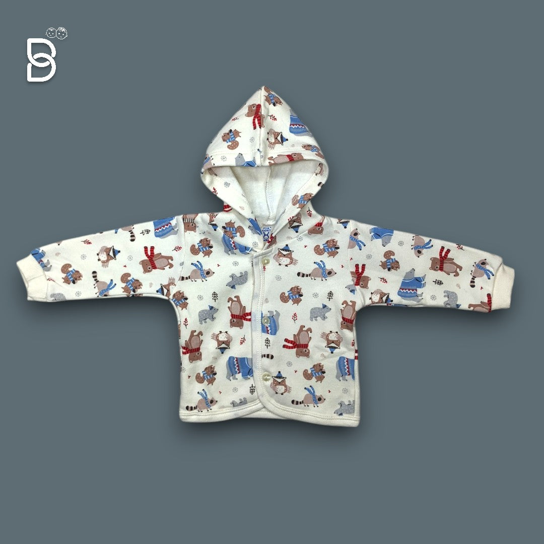 NEW BORN BABY HODDIE CREAM COLOR WITH TEDDY BEAR PRINT- PINK RABBIT