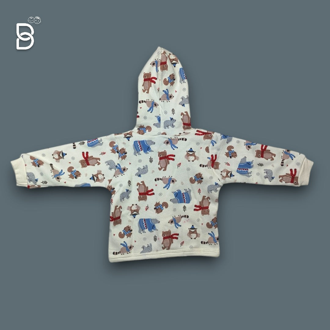 NEW BORN BABY HODDIE CREAM COLOR WITH TEDDY BEAR PRINT- PINK RABBIT