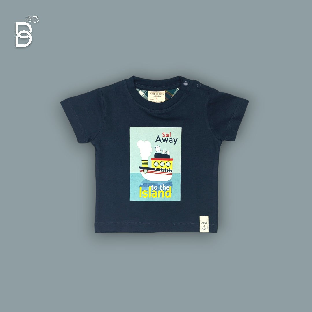 BOYS PRINTED T-SHIRT AND CHECKERED NICKER NAVY BLUE - OLLYPOP