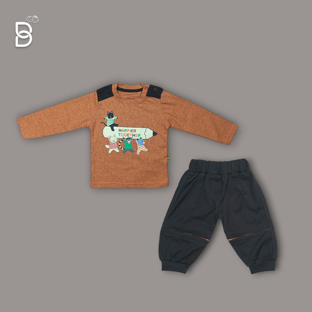 NEW BORN PRINTED T-SHIRT AND PANT COMBO BROWN - MINI TAURUS