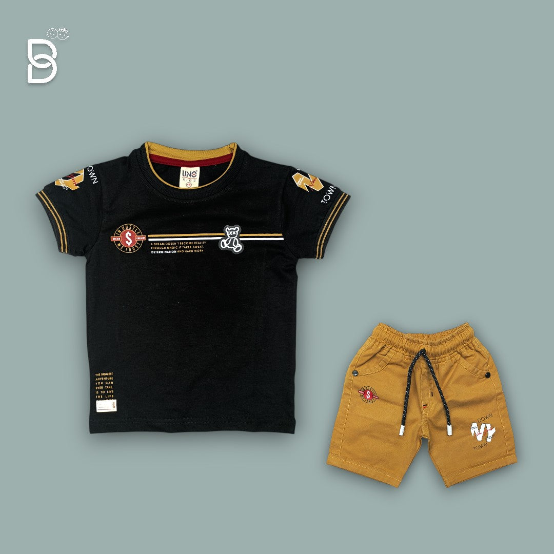 KIDS CASUAL WEAR PRINTED T-SHIRT & NICKER BROWN - UNO KIDS