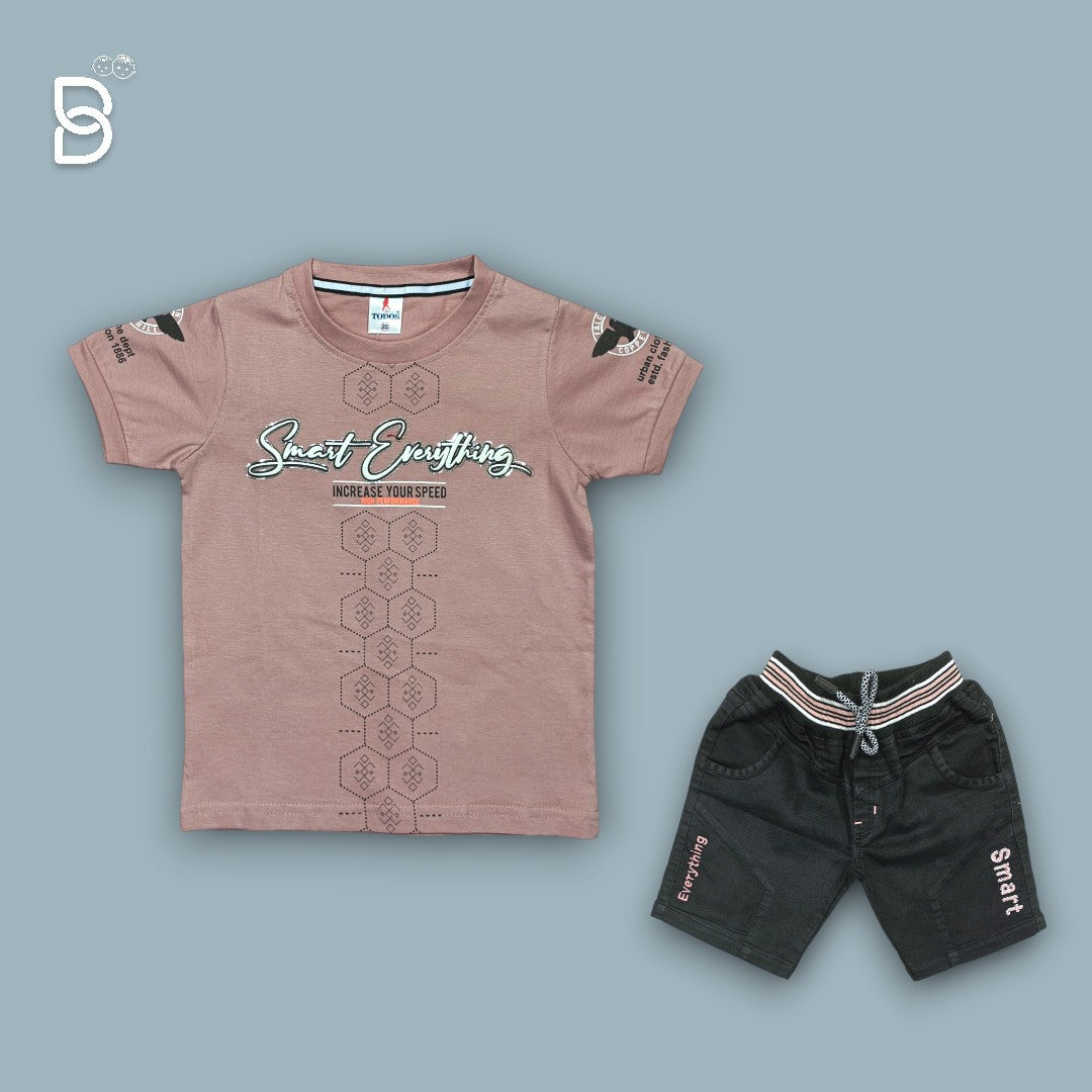 BOYS PRINTED T-SHIRT AND NICKER BROWN - TUDOS