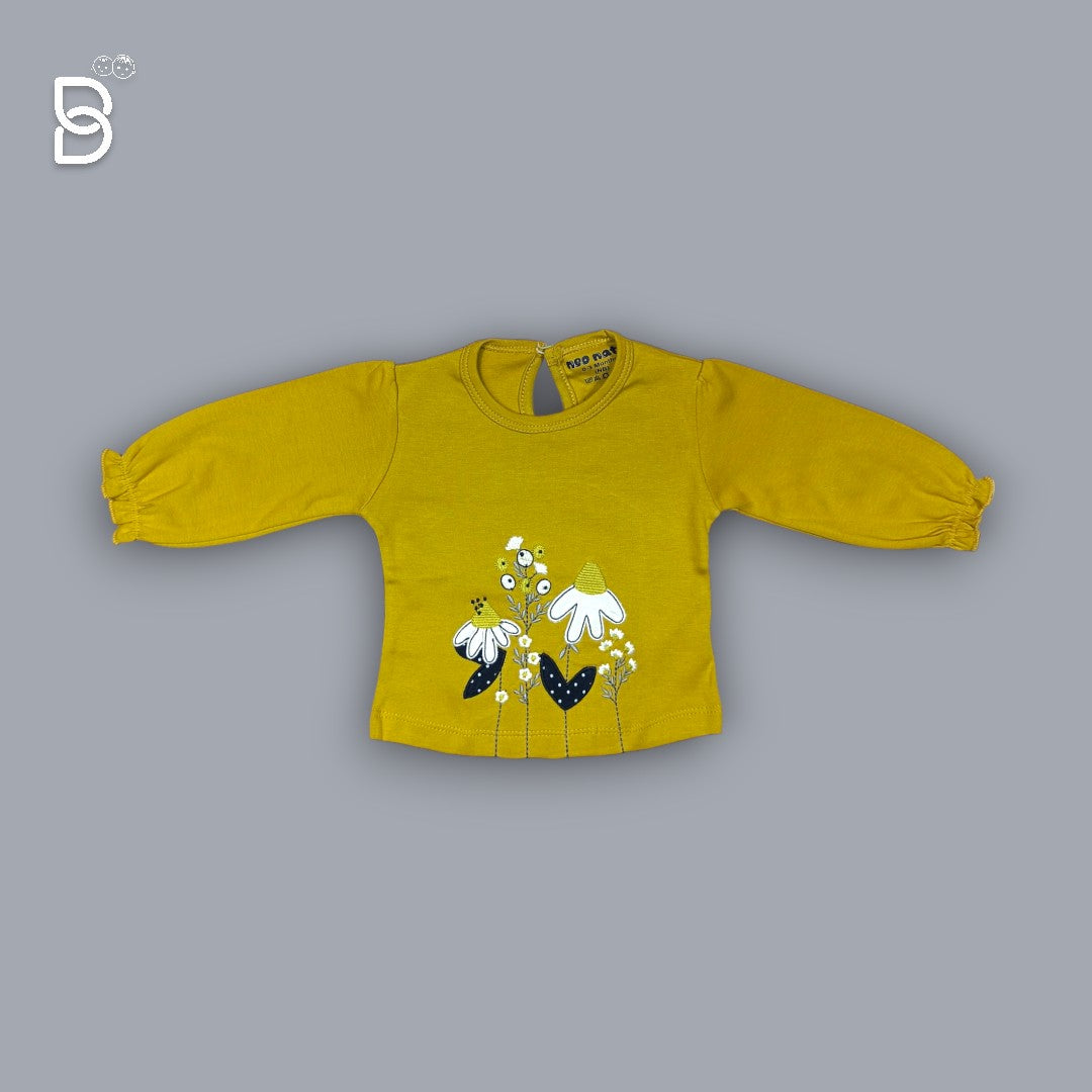 NEO NATE - COTTON FULL SLEEVES PRINTED TOP & JEGGINGS SET WITH BOW APPLIQUE - MUSTARD