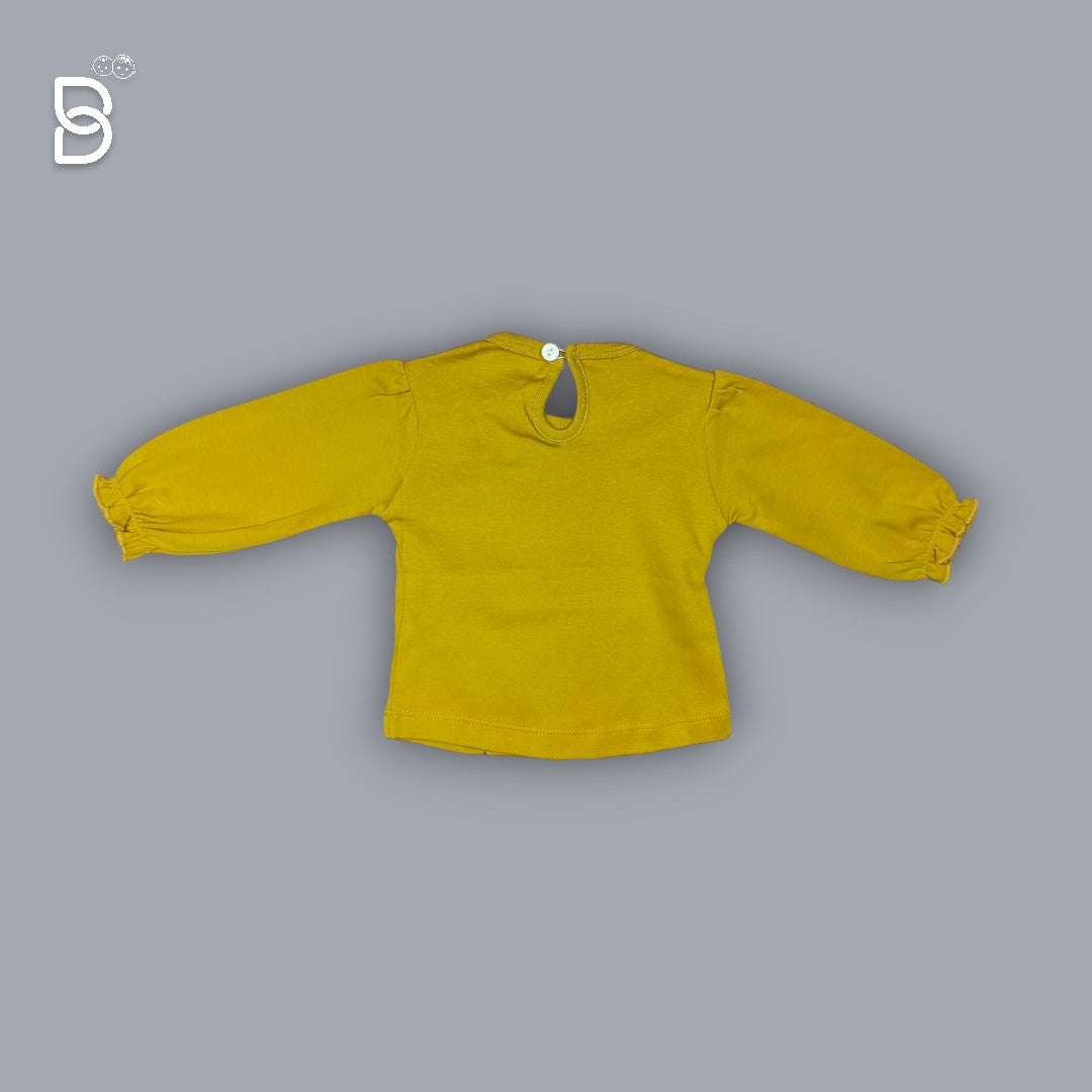 NEO NATE - COTTON FULL SLEEVES PRINTED TOP & JEGGINGS SET WITH BOW APPLIQUE - MUSTARD