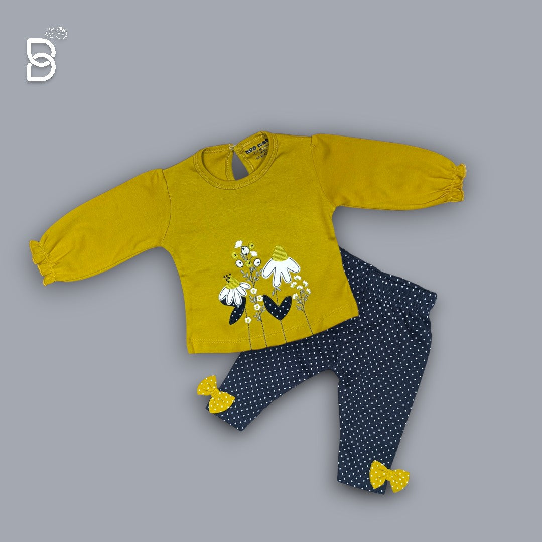 NEO NATE - COTTON FULL SLEEVES PRINTED TOP & JEGGINGS SET WITH BOW APPLIQUE - MUSTARD