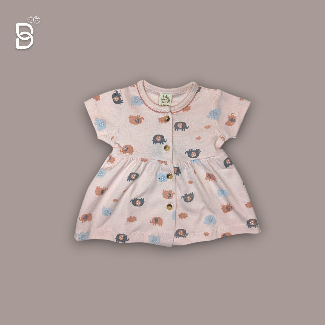 BABY GIRL HALF SLEEVES ELEPHANT PRINTED FROCK ROUND NECK PEACH COLOR - NATURELLE