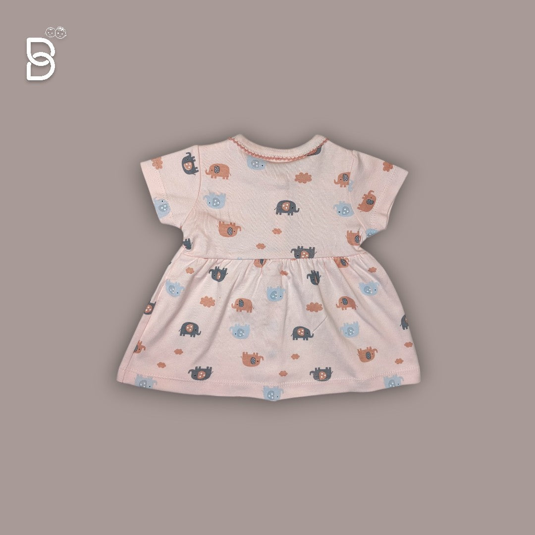 BABY GIRL HALF SLEEVES ELEPHANT PRINTED FROCK ROUND NECK PEACH COLOR - NATURELLE