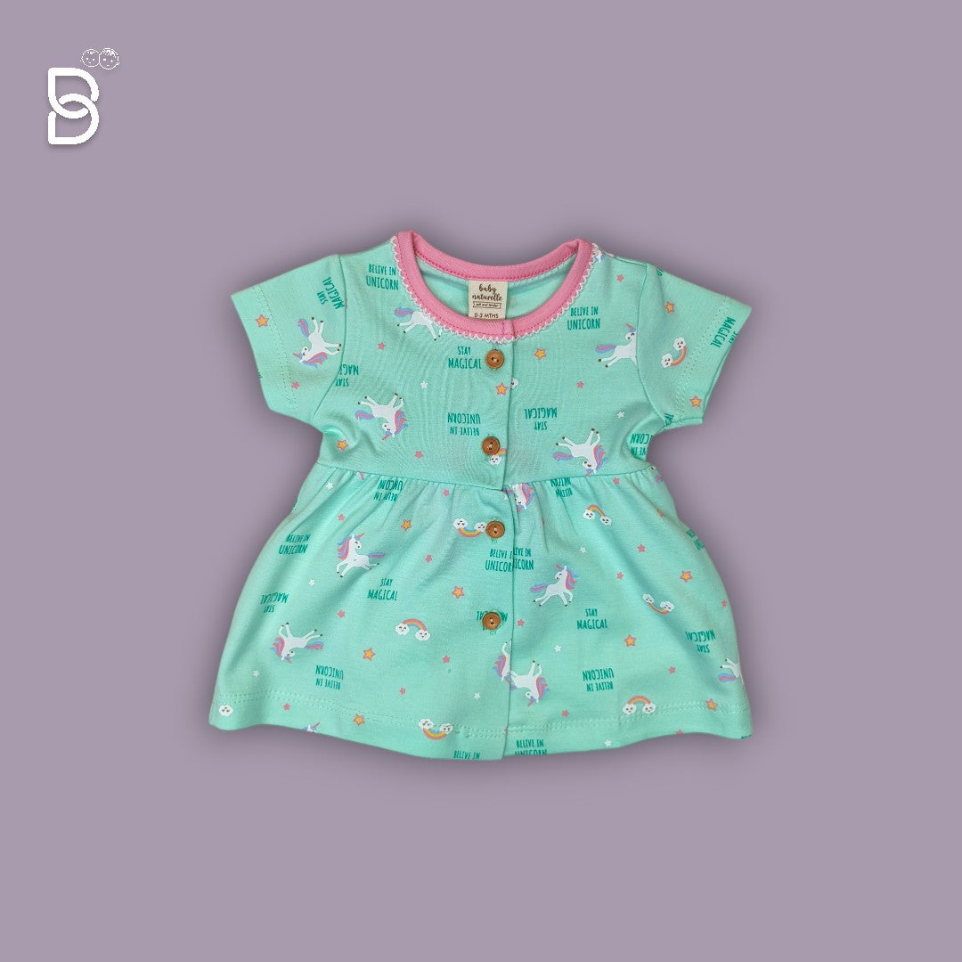 BABY GIRL HALF SLEEVES UNICORN PRINTED FROCK ROUND NECK GREEN COLOR - NATURELLE