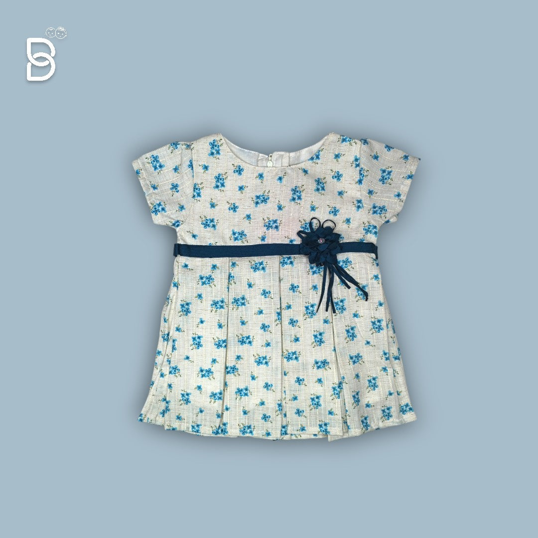 NEW BORN BABY WHITE FROCK WITH BLUE FLOWER PRINT - JILAX
