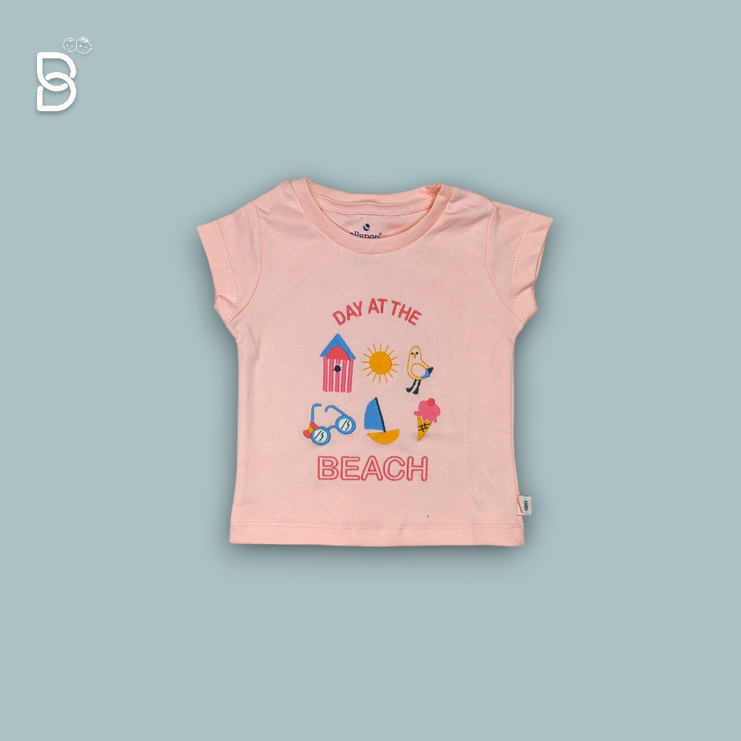 HALF SLEEVES T-SHIRT & STRIPED SHORTS SET WITH BEACH THEME - PEACH - OLLYPOP