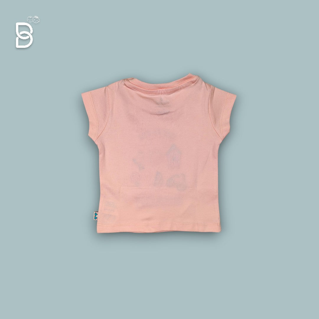 HALF SLEEVES T-SHIRT & STRIPED SHORTS SET WITH BEACH THEME - PEACH - OLLYPOP