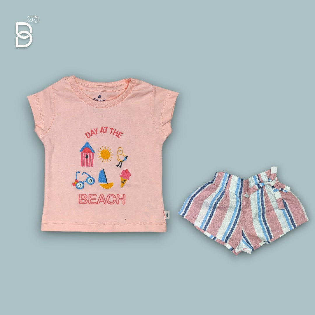 HALF SLEEVES T-SHIRT & STRIPED SHORTS SET WITH BEACH THEME - PEACH - OLLYPOP