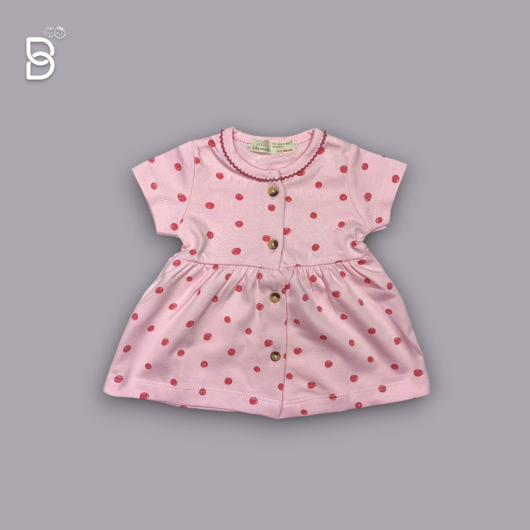 PINKISH RED COTTON HALF SLEEVES FROCK WITH POLKA DOTS PRINT