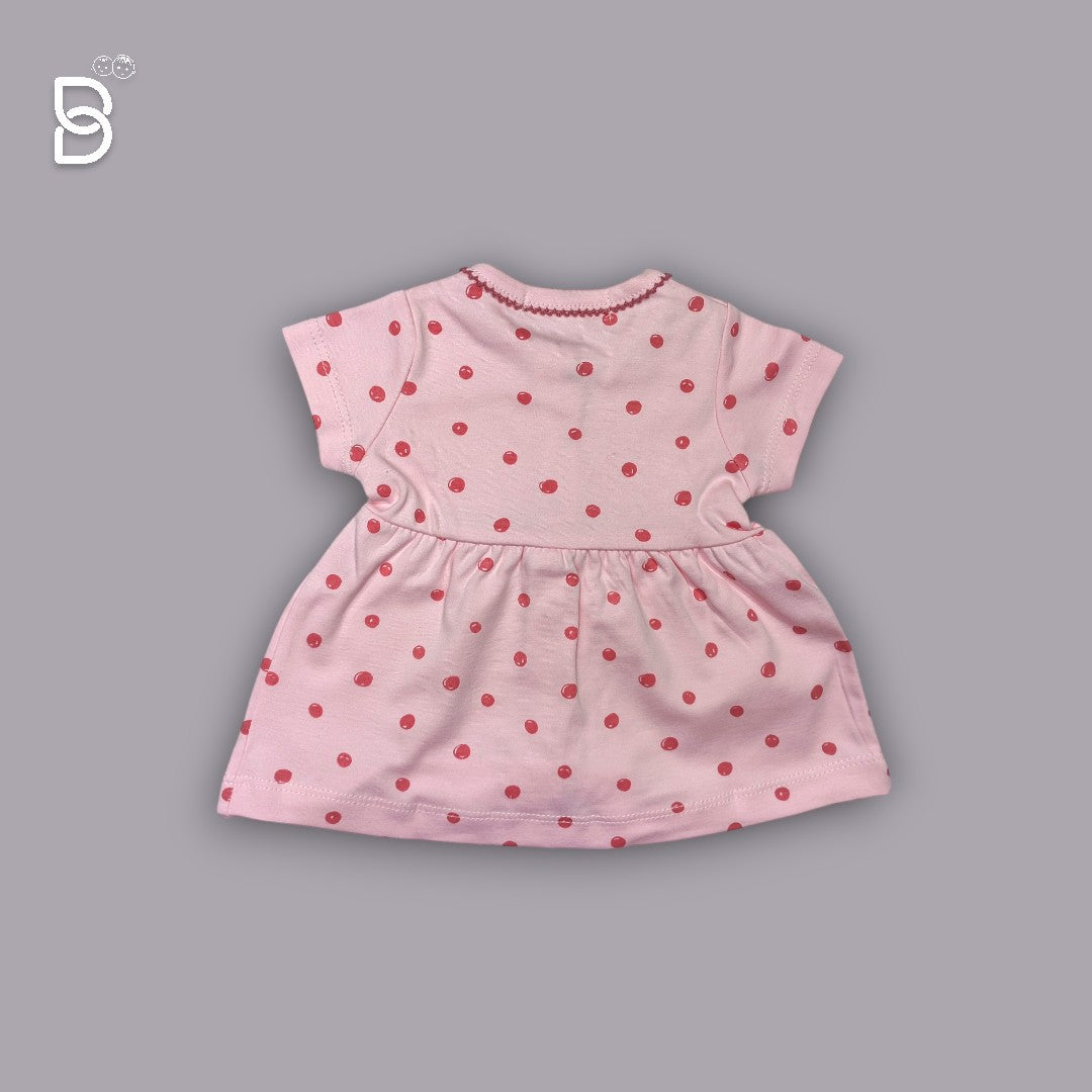 PINKISH RED COTTON HALF SLEEVES FROCK WITH POLKA DOTS PRINT