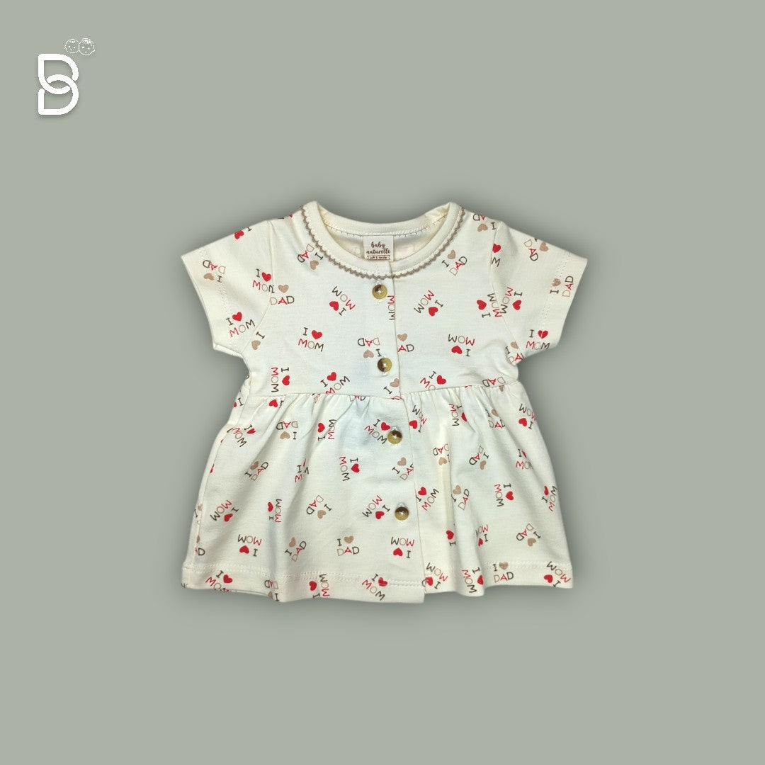 BABY GIRL HALF SLEEVES COTTON FROCK ROUND NECK OFF WHITE COLOR - NATURELLE
