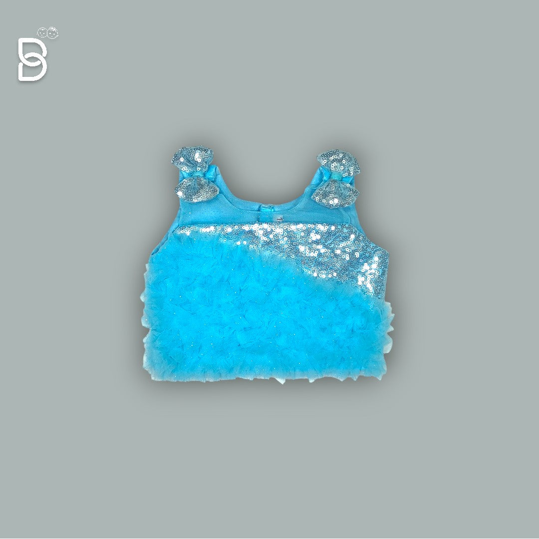 NEW BORN PARTY WEAR FROCK WITH HAIR BAND & SHOE SKY BLUE COLOR