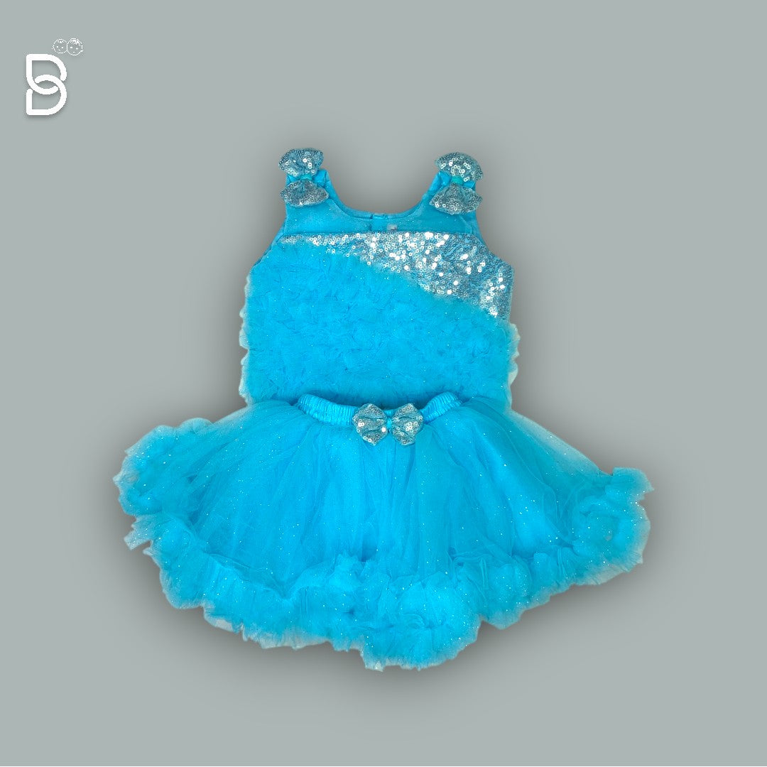 NEW BORN PARTY WEAR FROCK WITH HAIR BAND & SHOE SKY BLUE COLOR