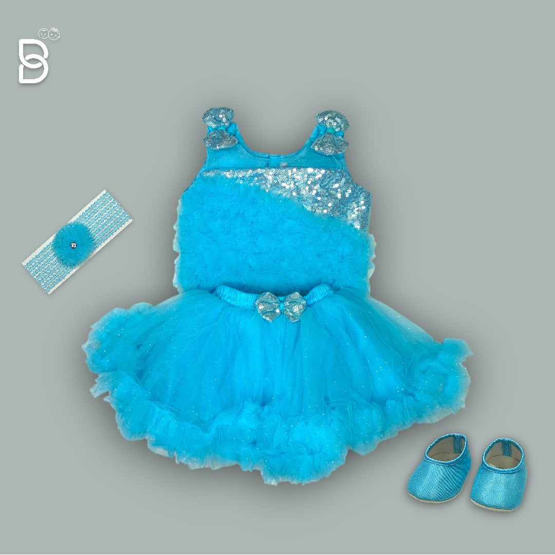 NEW BORN PARTY WEAR FROCK WITH HAIR BAND & SHOE SKY BLUE COLOR