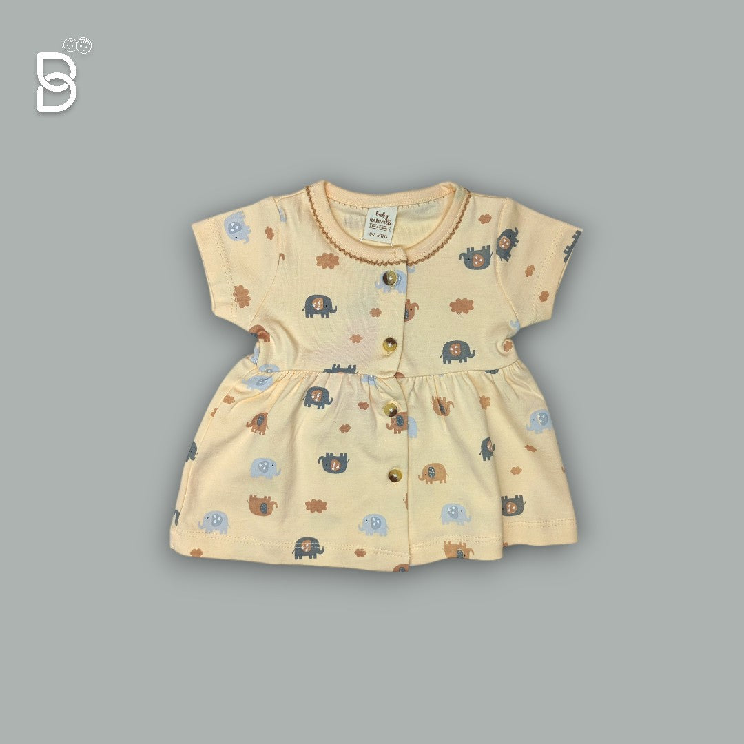 BABY GIRL HALF SLEEVES ELEPHANT PRINTED FROCK ROUND NECK MUSTARD COLOR - NATURELLE