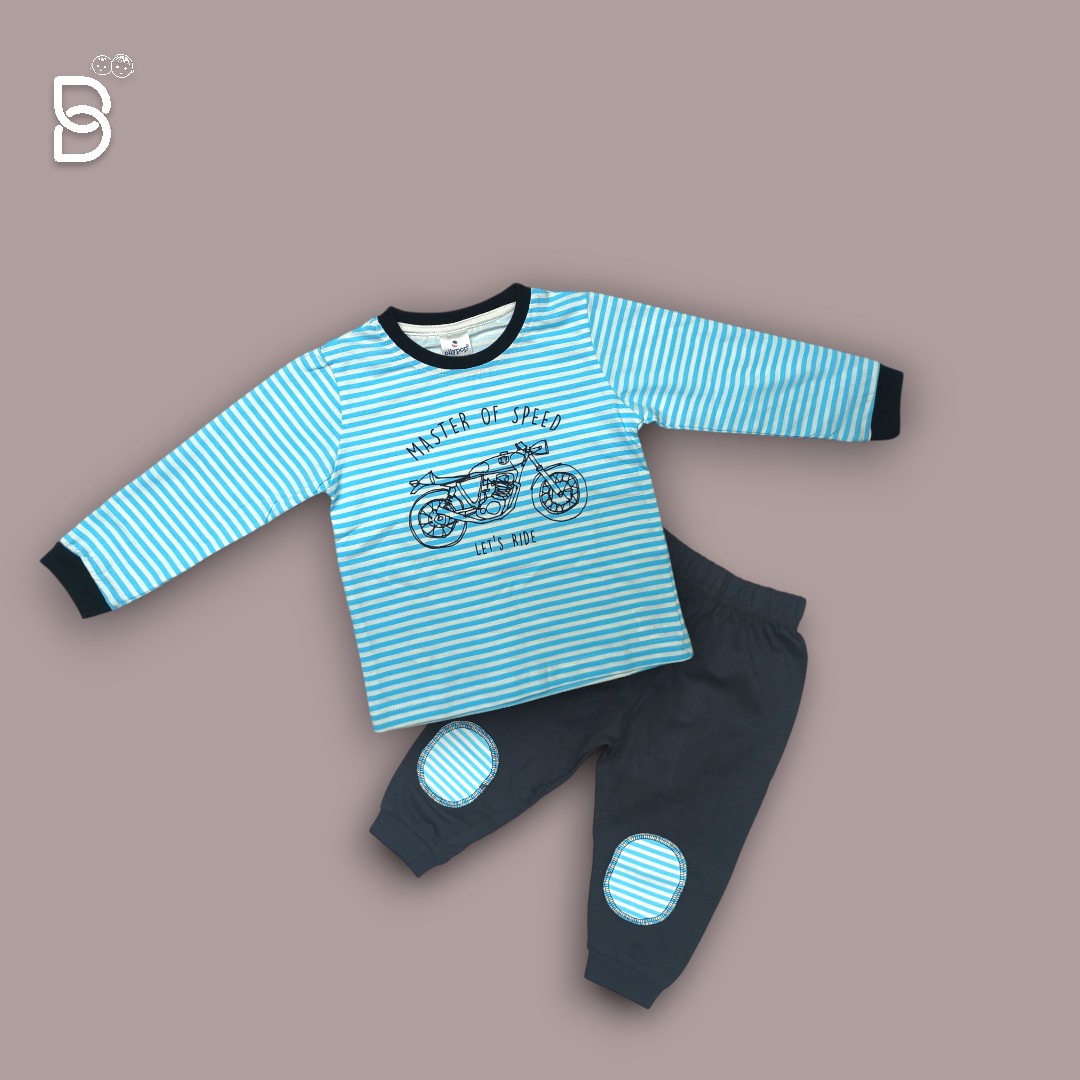 KIDS CASUAL MOTORCYCLE PRINTED T-SHIRT & PANTS SKY BLUE - OLLYPOP
