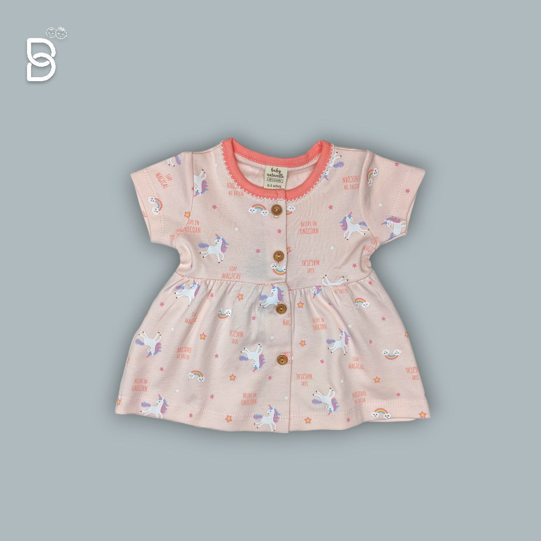 BABY GIRL HALF SLEEVES UNICORN PRINTED FROCK ROUND NECK PEACH COLOR - NATURELLE