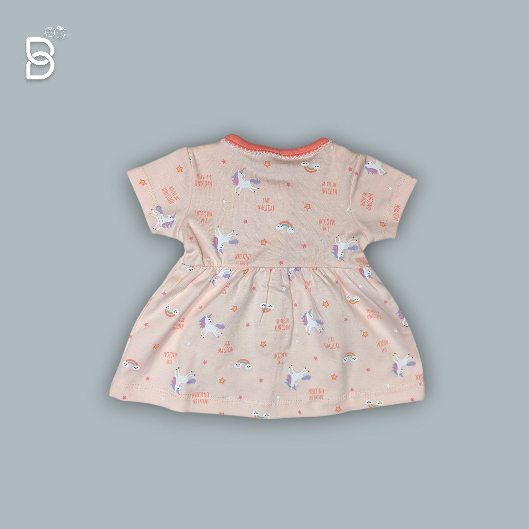 BABY GIRL HALF SLEEVES UNICORN PRINTED FROCK ROUND NECK PEACH COLOR - NATURELLE