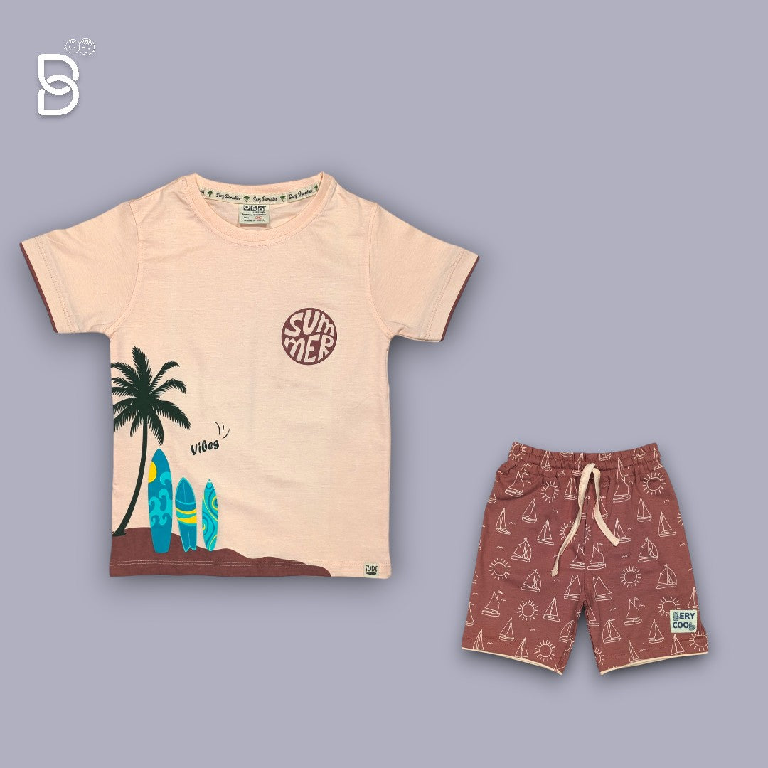 KIDS PRINTED T-SHIRT AND NICKER SET WITH BEACH THEME PEACH - O&O