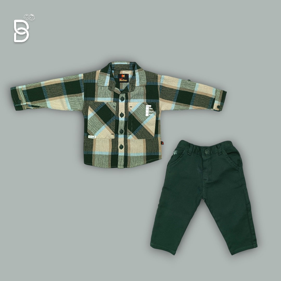 BOYS COTTON FULL SLEEVE T-SHIRT, SHIRT & PANT GREEN - NACHOS