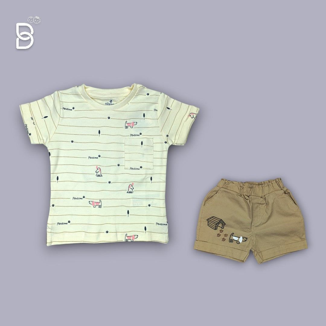 BOYS PRINTED T-SHIRT AND NICKER CREAM - OLLYPOP
