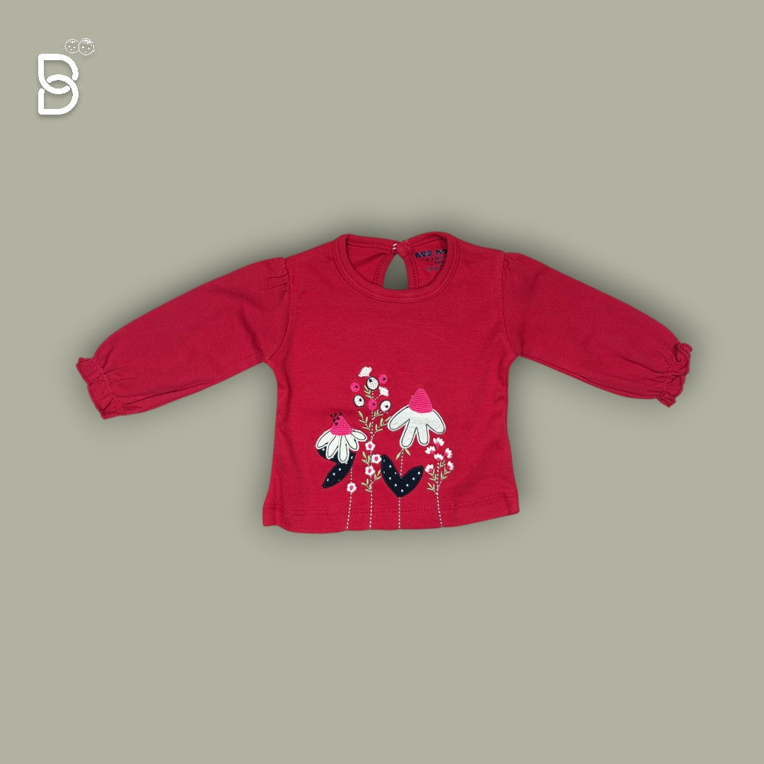 NEO NATE - COTTON FULL SLEEVES PRINTED TOP & JEGGINGS SET WITH BOW APPLIQUE - RED