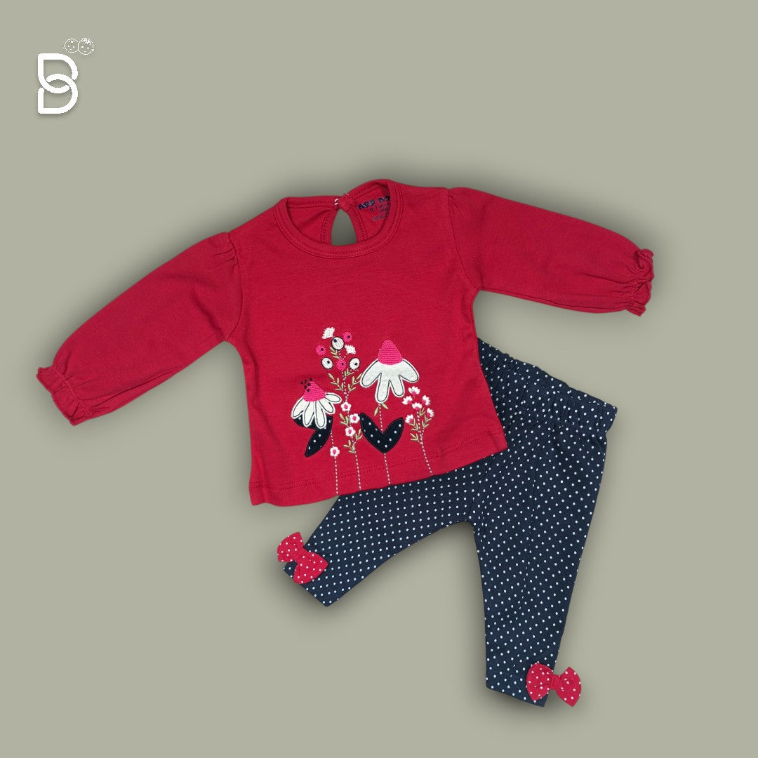 NEO NATE - COTTON FULL SLEEVES PRINTED TOP & JEGGINGS SET WITH BOW APPLIQUE - RED