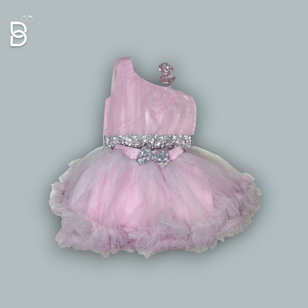 NEW BORN PARTY WEAR FROCK WITH HAIR BAND & SHOE PINK COLOR