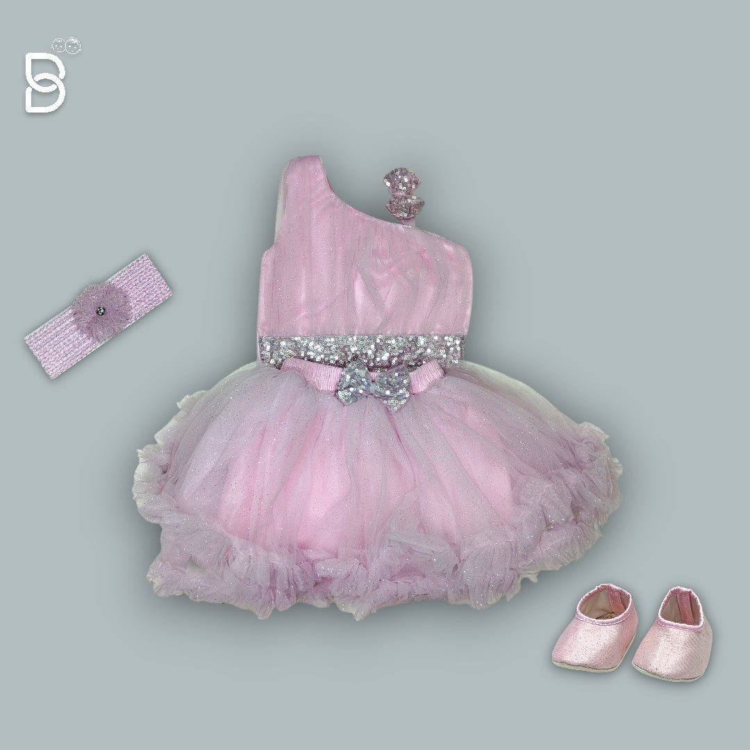 NEW BORN PARTY WEAR FROCK WITH HAIR BAND & SHOE PINK COLOR