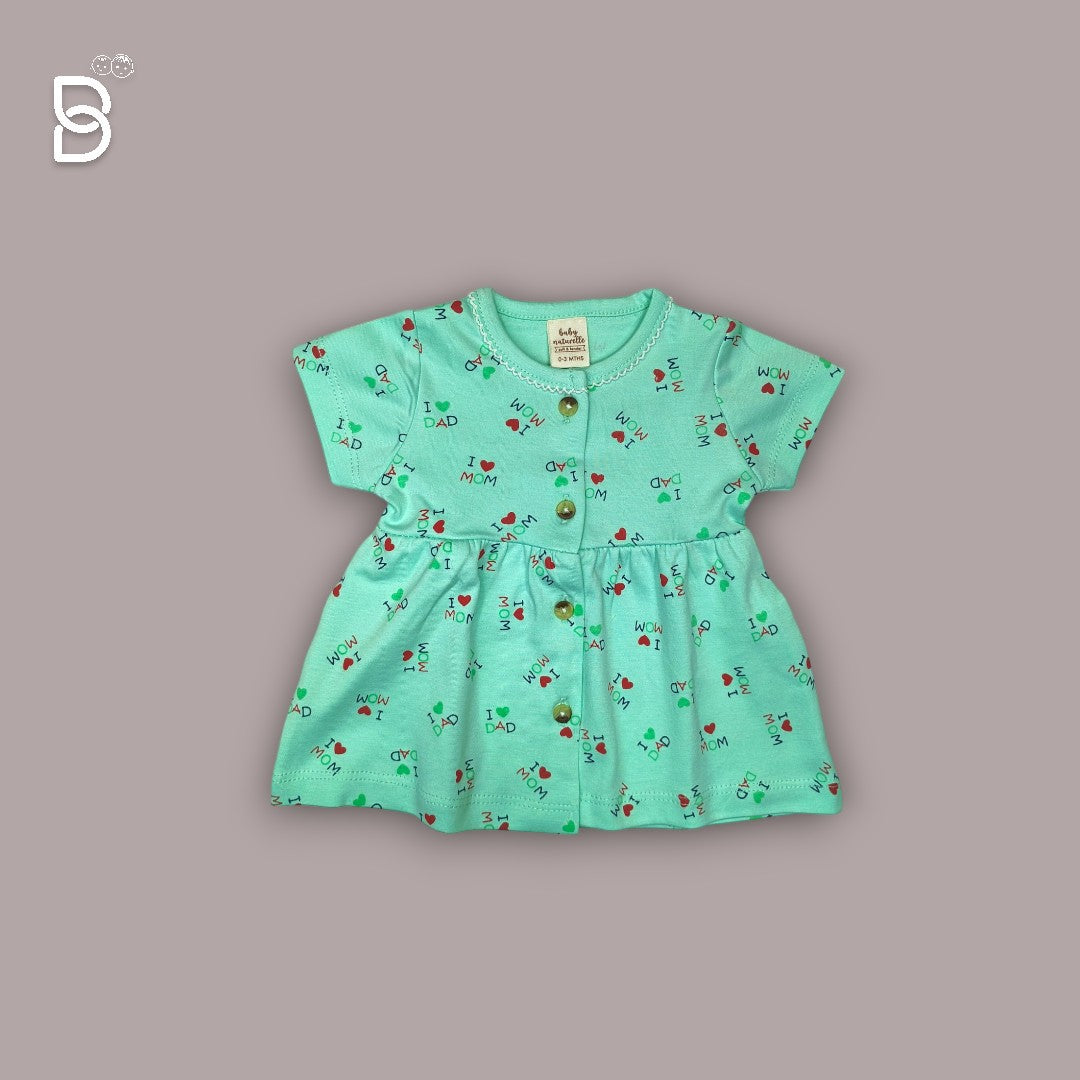 BABY GIRL HALF SLEEVES COTTON FROCK ROUND NECK GREEN COLOR - NATURELLE