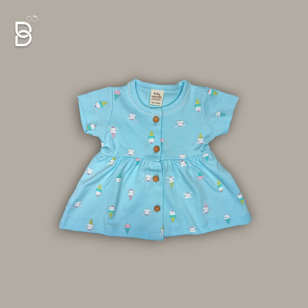 NEW BORN BABY GIRL HALF SLEEVES COTTON FROCK ROUND NECK SKY BLUE COLOR - NATURELLE