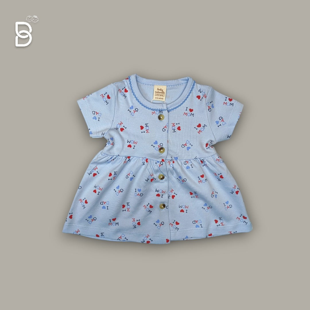 BABY GIRL HALF SLEEVES COTTON FROCK ROUND NECK BLUE COLOR - NATURELLE