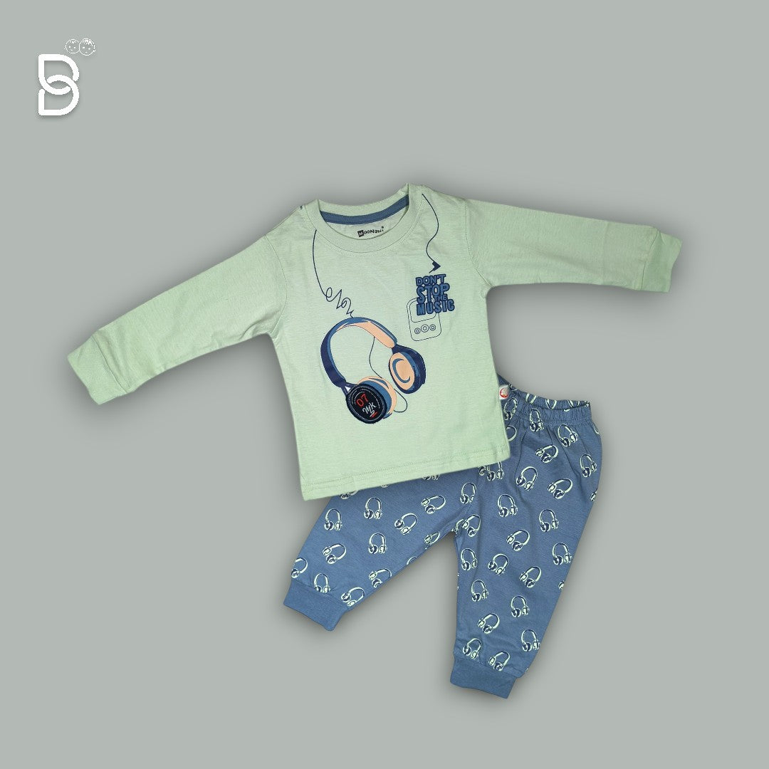 UNISEX GREEN HEADPHONE PRINTED T-SHIRT AND NAVY BLUE PANT JOGGER SET - MOON KIDS