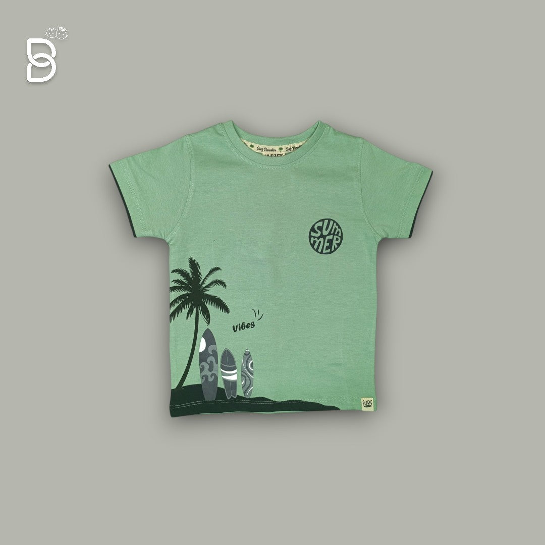KIDS PRINTED T-SHIRT AND NICKER SET WITH BEACH THEME GREEN - O&O