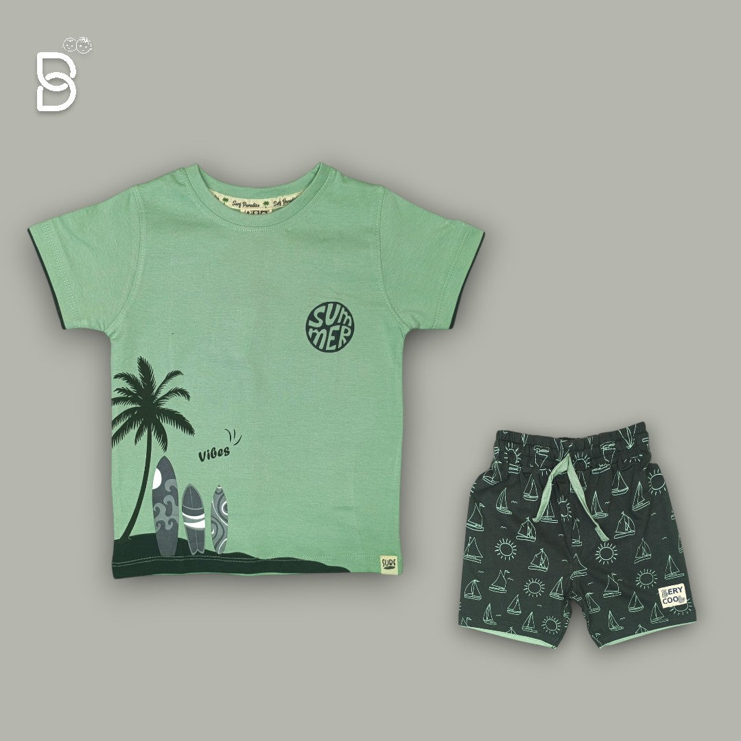 KIDS PRINTED T-SHIRT AND NICKER SET WITH BEACH THEME GREEN - O&O