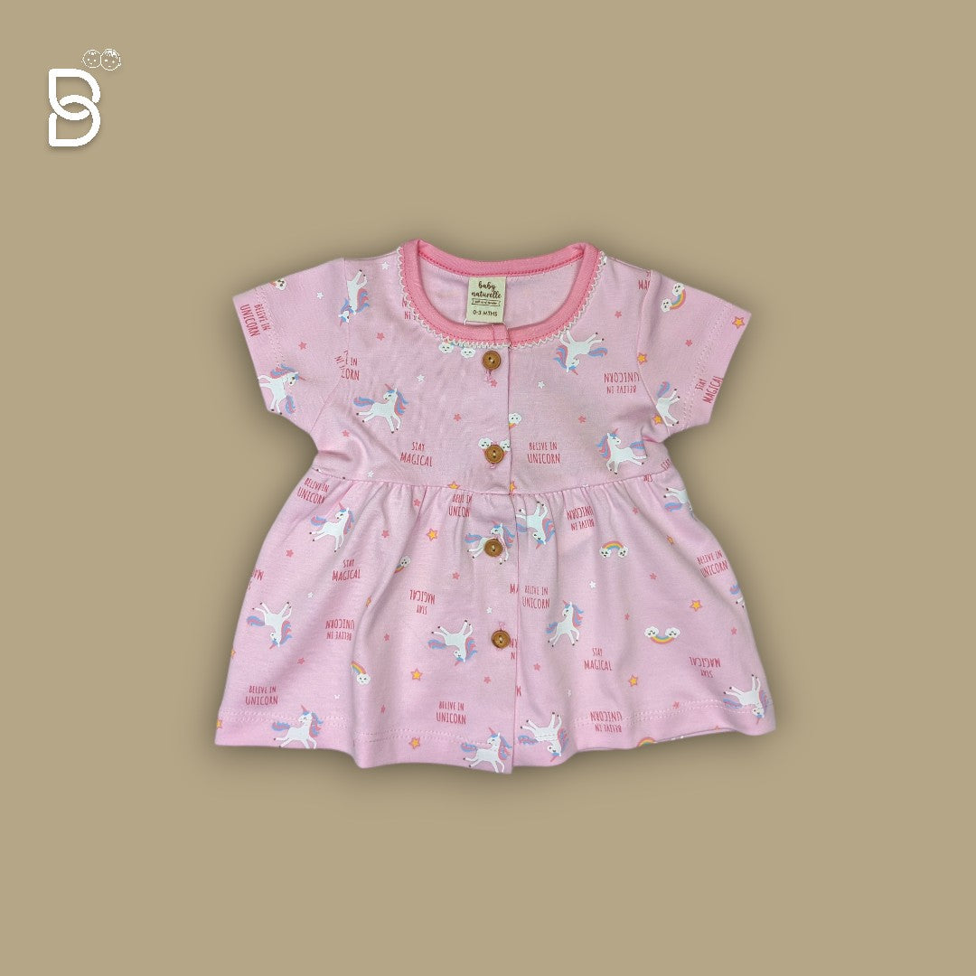 BABY GIRL HALF SLEEVES UNICORN PRINTED FROCK ROUND NECK PINK COLOR - NATURELLE