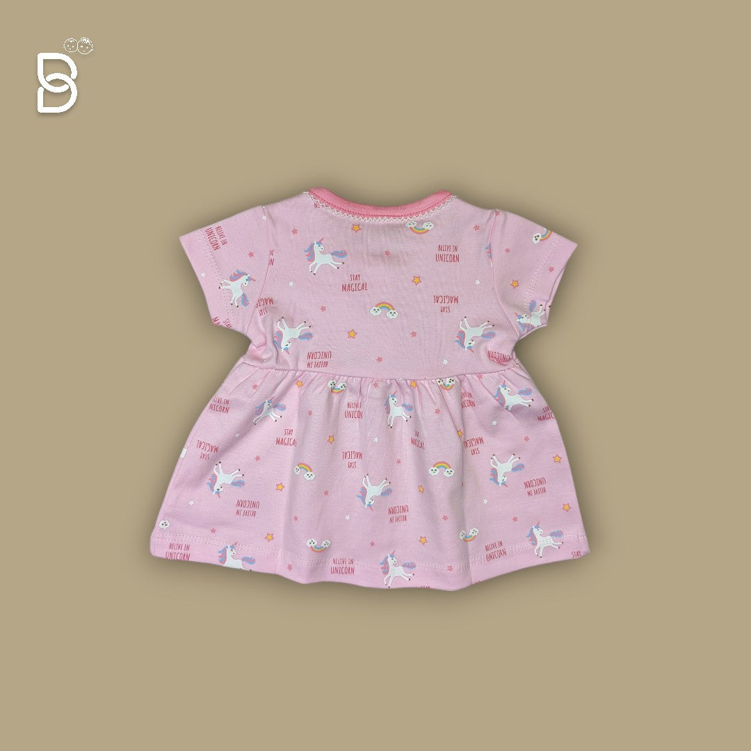 BABY GIRL HALF SLEEVES UNICORN PRINTED FROCK ROUND NECK PINK COLOR - NATURELLE
