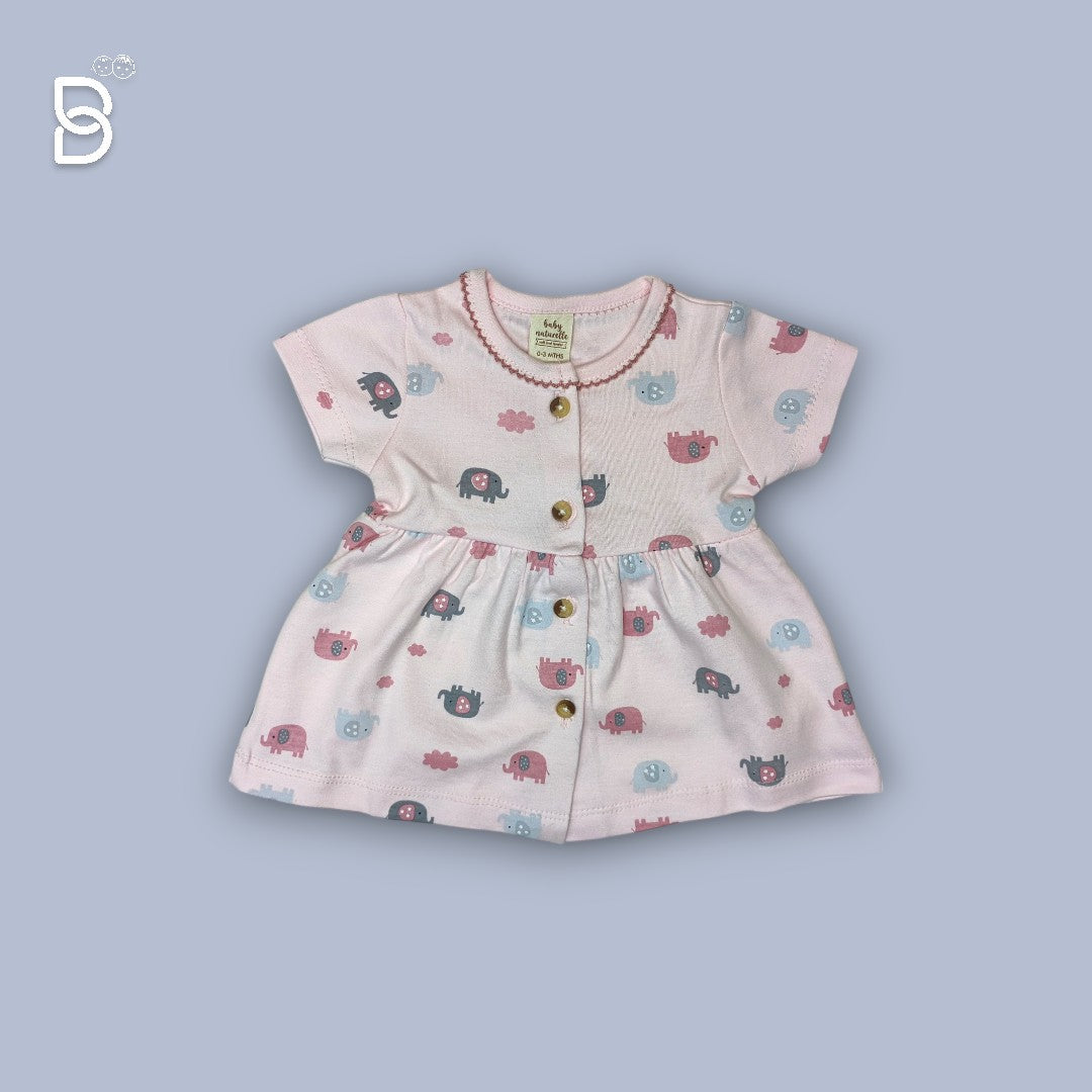 BABY GIRL HALF SLEEVES ELEPHANT PRINTED FROCK ROUND NECK BABY PINK COLOR - NATURELLE