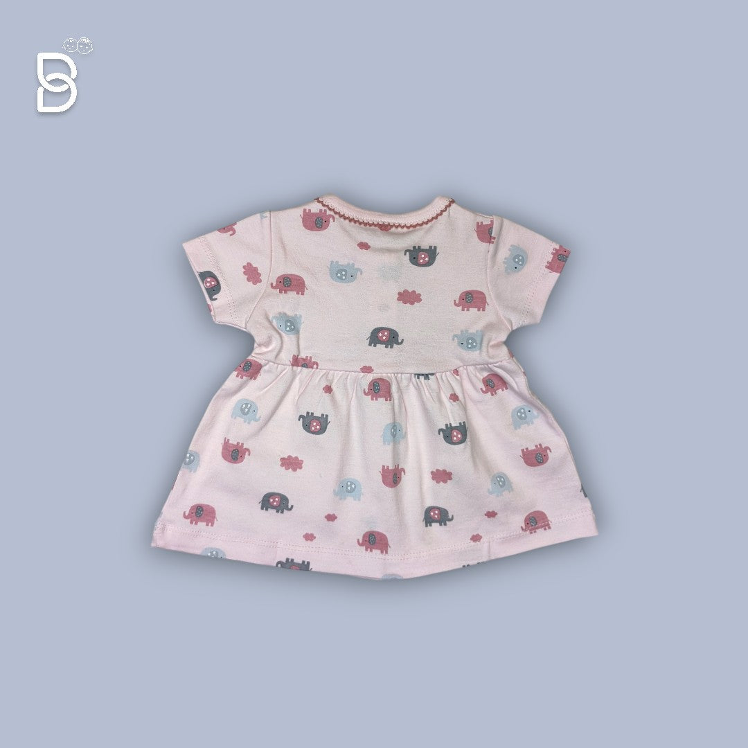 BABY GIRL HALF SLEEVES ELEPHANT PRINTED FROCK ROUND NECK BABY PINK COLOR - NATURELLE
