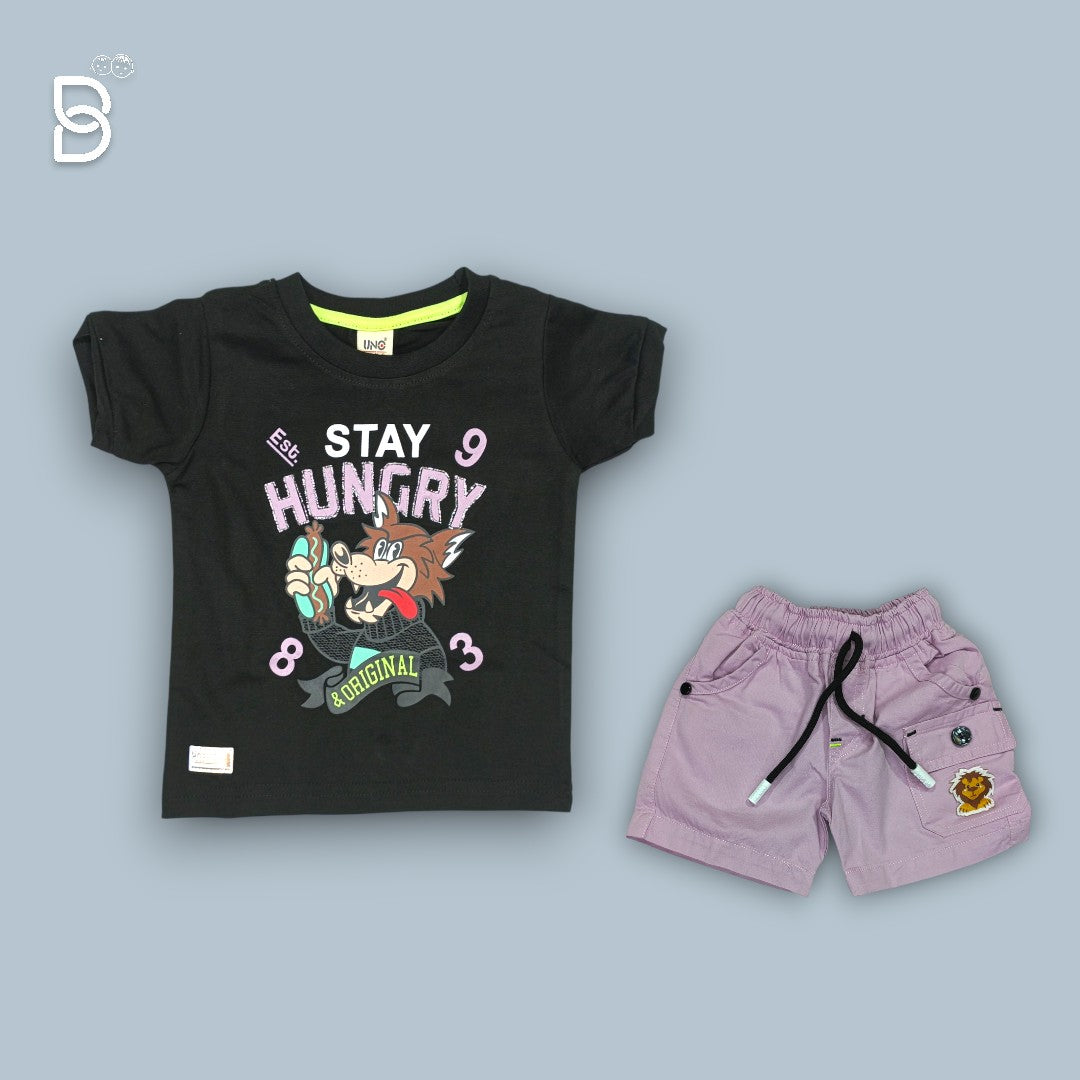 BOYS PRINTED T-SHIRT AND NICKER PURPLLE- UNO KIDS