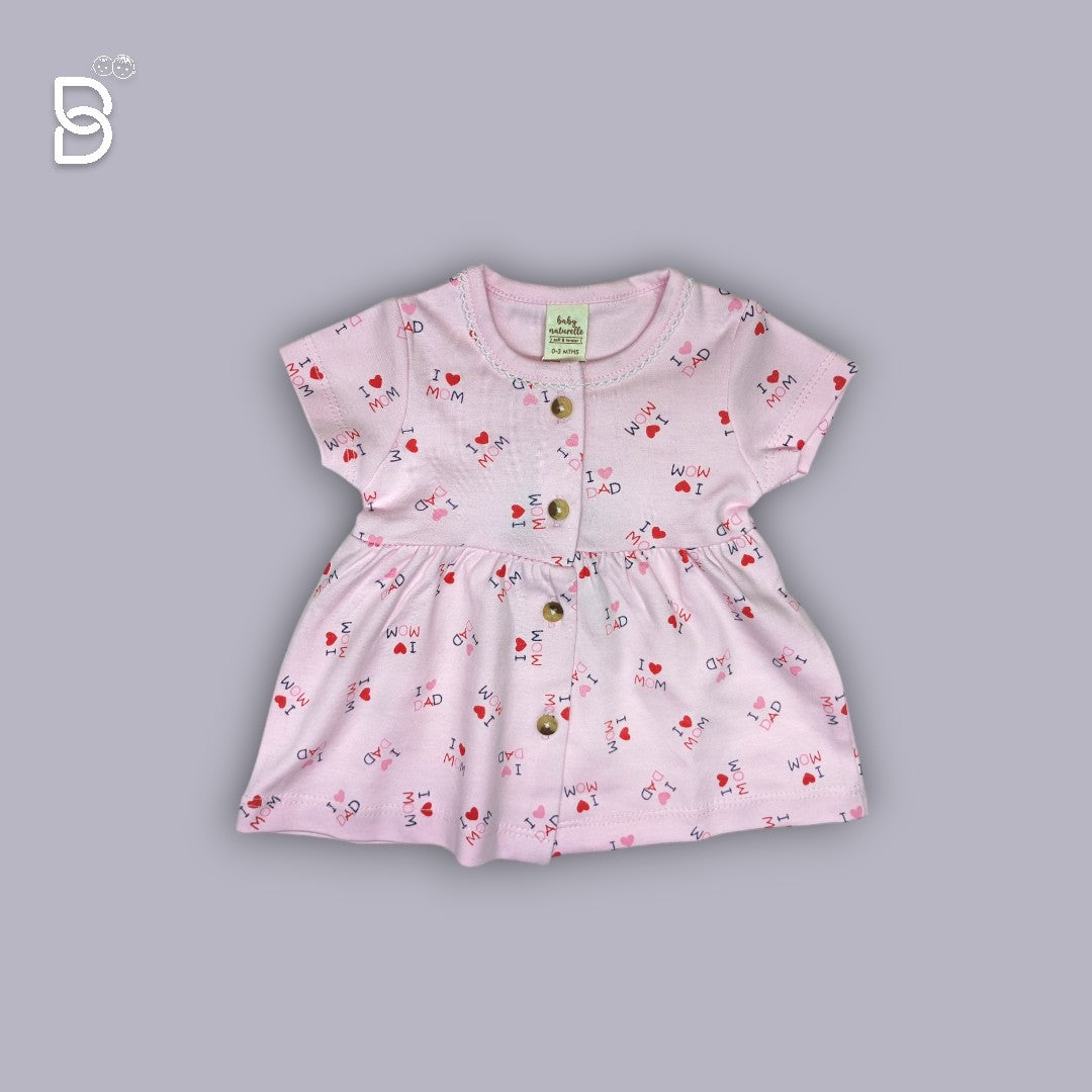BABY GIRL HALF SLEEVES COTTON FROCK ROUND NECK PINK COLOR - NATURELLE