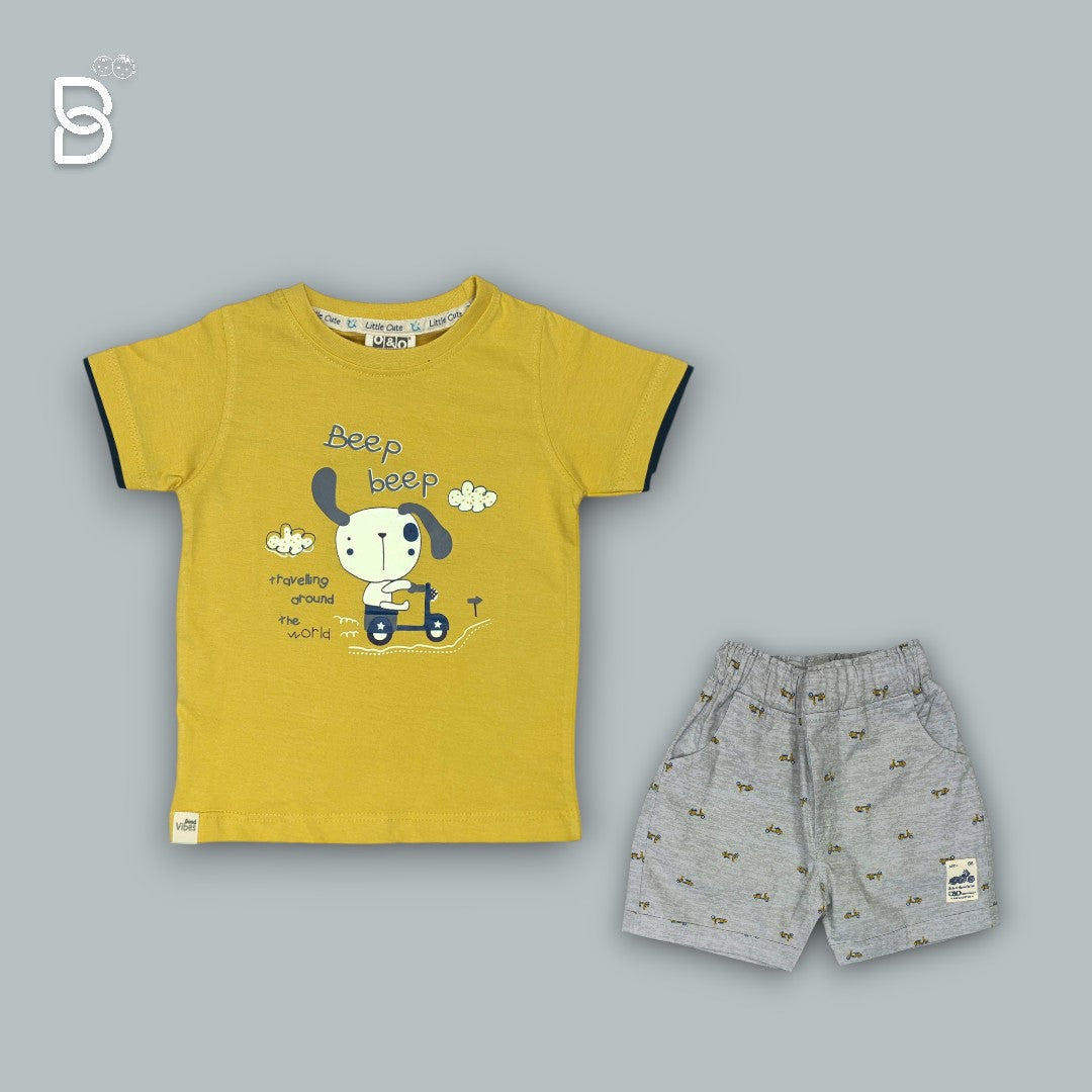KIDS CASUAL WEAR PRINTED T-SHIRT & NICKER MUSTARD - O&O