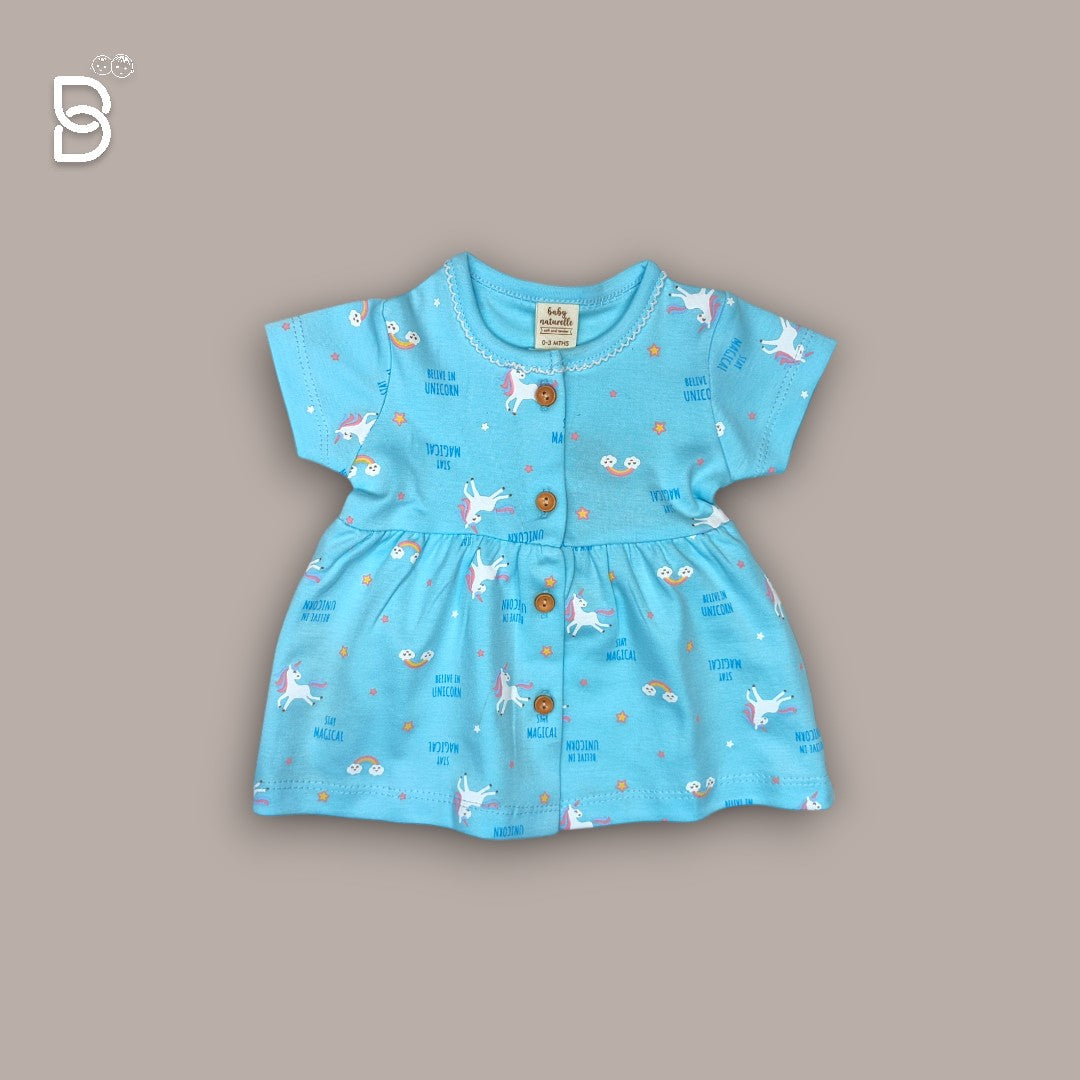BABY GIRL HALF SLEEVES UNICORN PRINTED FROCK ROUND NECK SKY BLUE COLOR - NATURELLE
